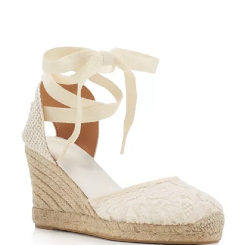 SOLUDOS MARSEILLE TALL WEDGE TULIP LACE ESPADRILLES IN IVORY